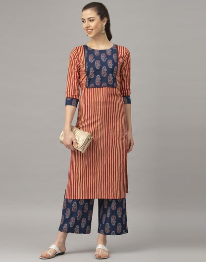 Red Stripe Coloured Cotton Blend Table Printed Kurti With Palazzo | Leemboodi