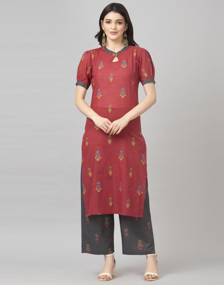 Maroon Coloured Cotton Table Printed Kurti With Palazzo | Leemboodi