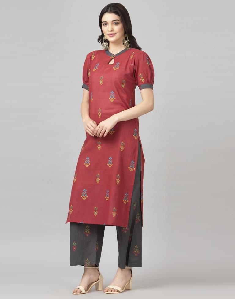 Maroon Coloured Cotton Table Printed Kurti With Palazzo | Leemboodi