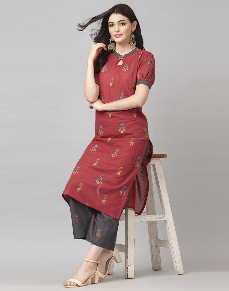 Maroon Coloured Cotton Table Printed Kurti With Palazzo | Leemboodi