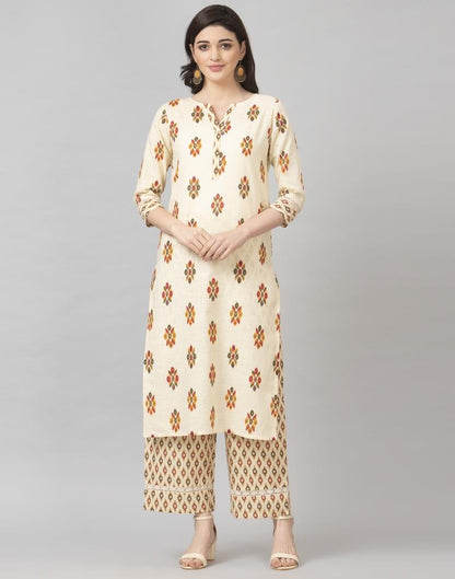 Off White Coloured Cotton Table Printed Kurti With Palazzo | Leemboodi