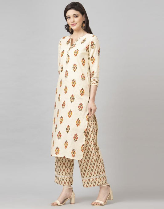 Off White Coloured Cotton Table Printed Kurti With Palazzo | Leemboodi