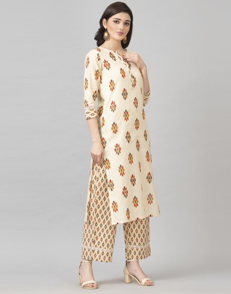 Off White Coloured Cotton Table Printed Kurti With Palazzo | Leemboodi