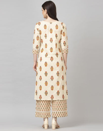 Off White Coloured Cotton Table Printed Kurti With Palazzo | Leemboodi