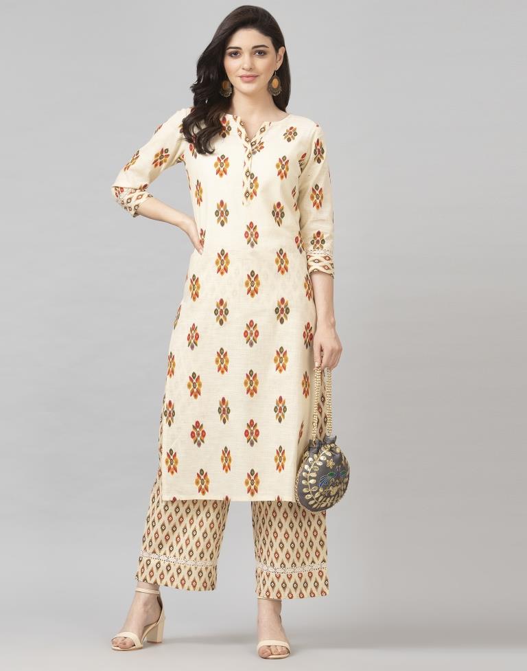 Off White Coloured Cotton Table Printed Kurti With Palazzo | Leemboodi