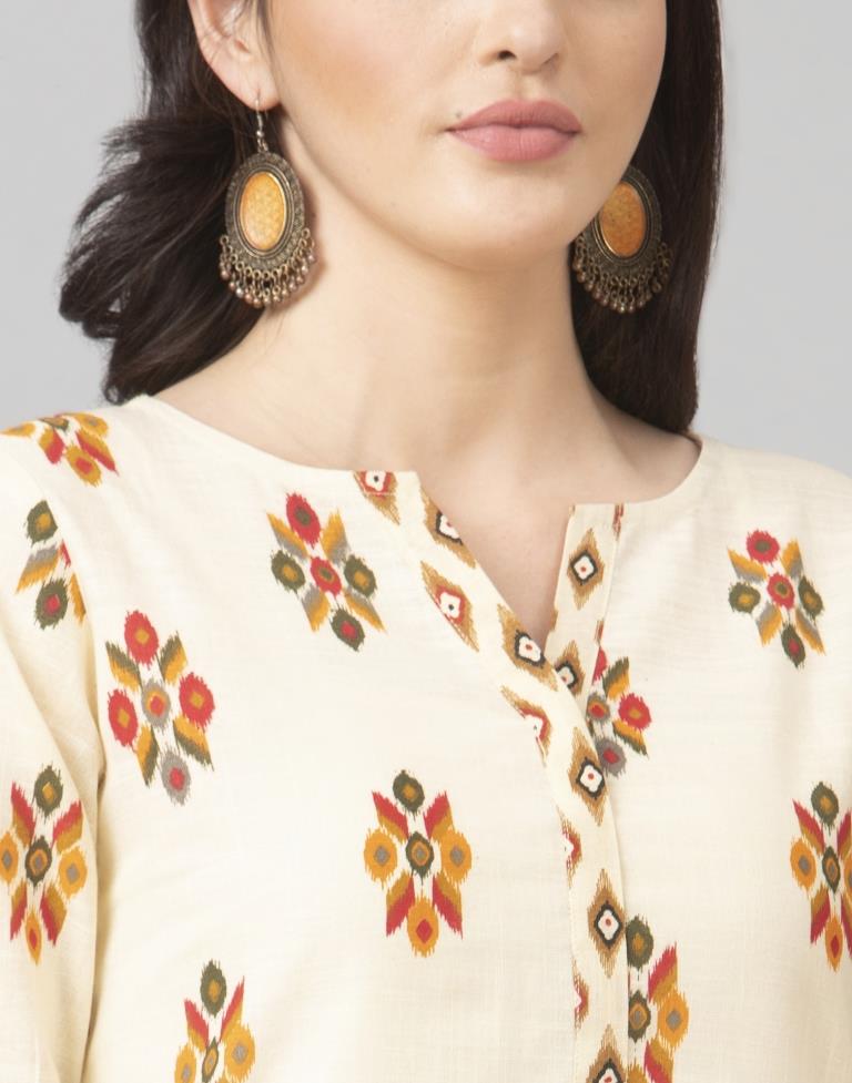 Off White Coloured Cotton Table Printed Kurti With Palazzo | Leemboodi