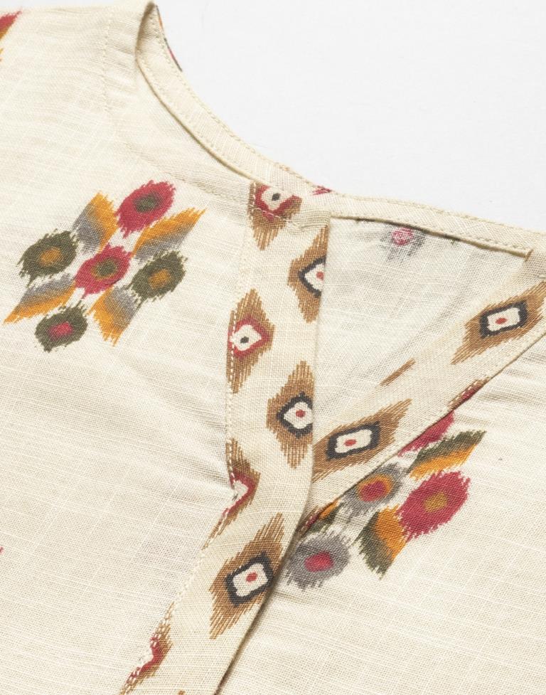 Off White Coloured Cotton Table Printed Kurti With Palazzo | Leemboodi