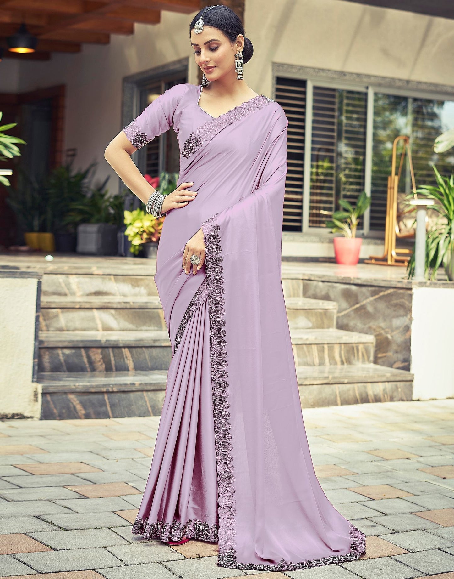 Lavender Plain Silk Saree