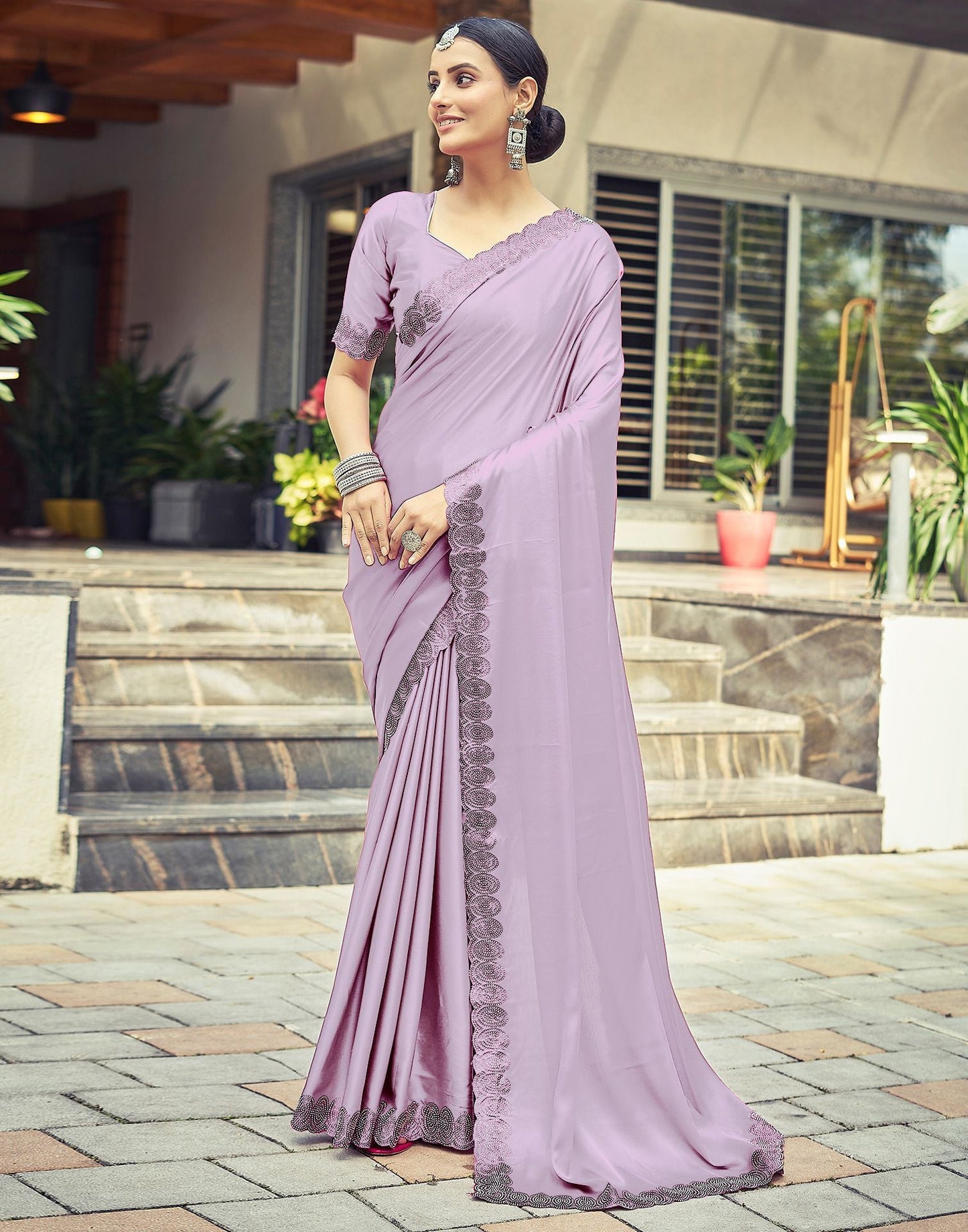 Lavender Plain Silk Saree
