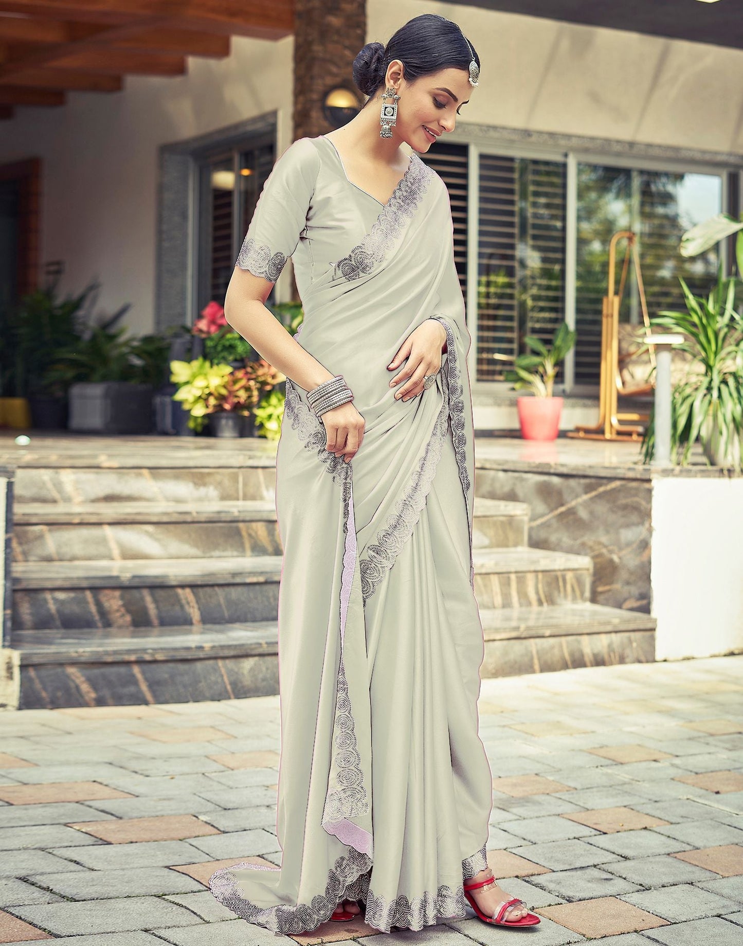 Beige Plain Silk Saree