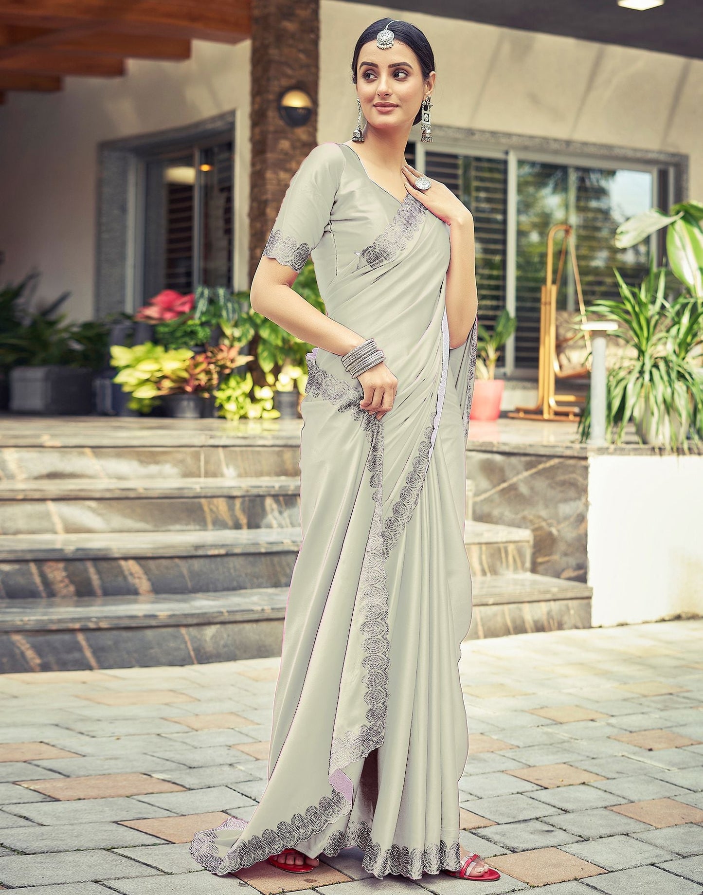 Beige Plain Silk Saree