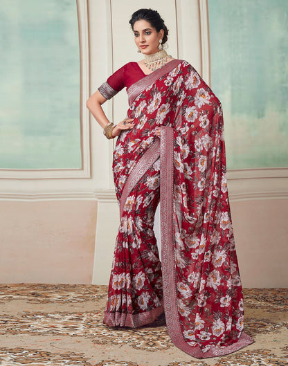 Red Printed Georgette Saree