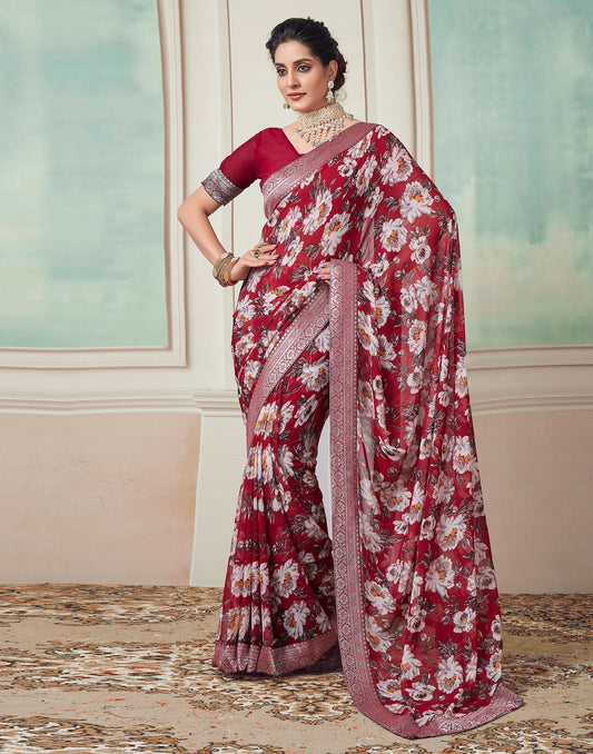 Red Printed Georgette Saree