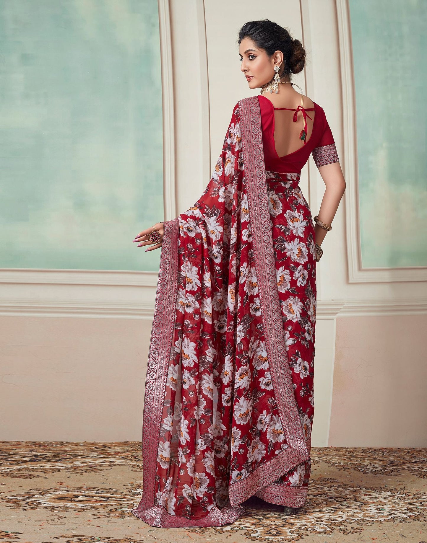 Red Printed Georgette Saree