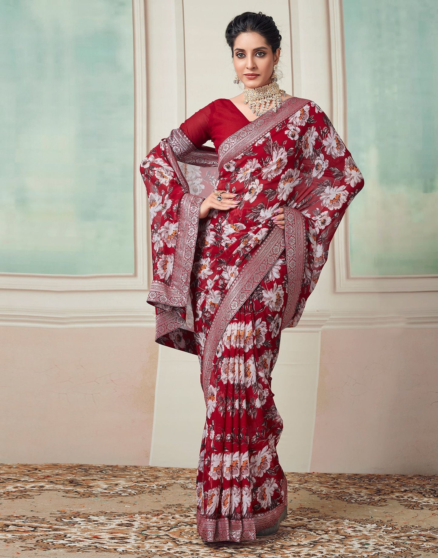 Red Printed Georgette Saree