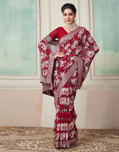 Red Printed Georgette Saree