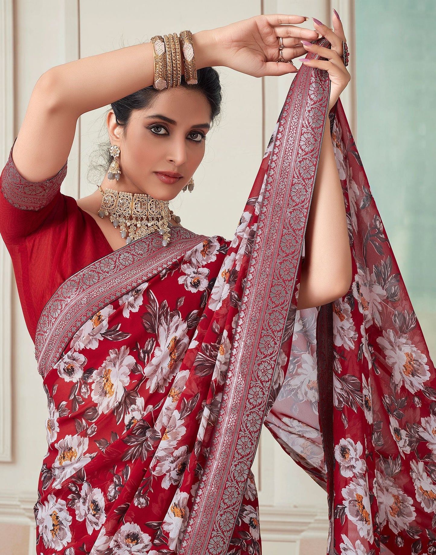 Red Printed Georgette Saree