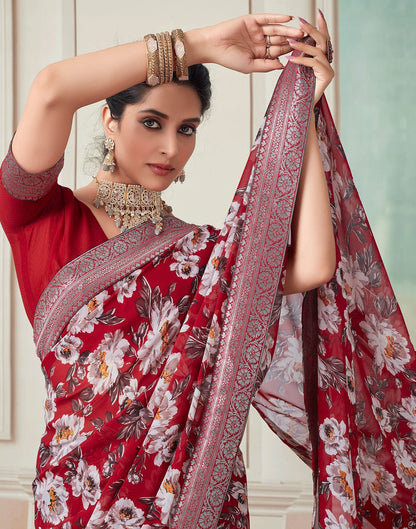 Red Printed Georgette Saree