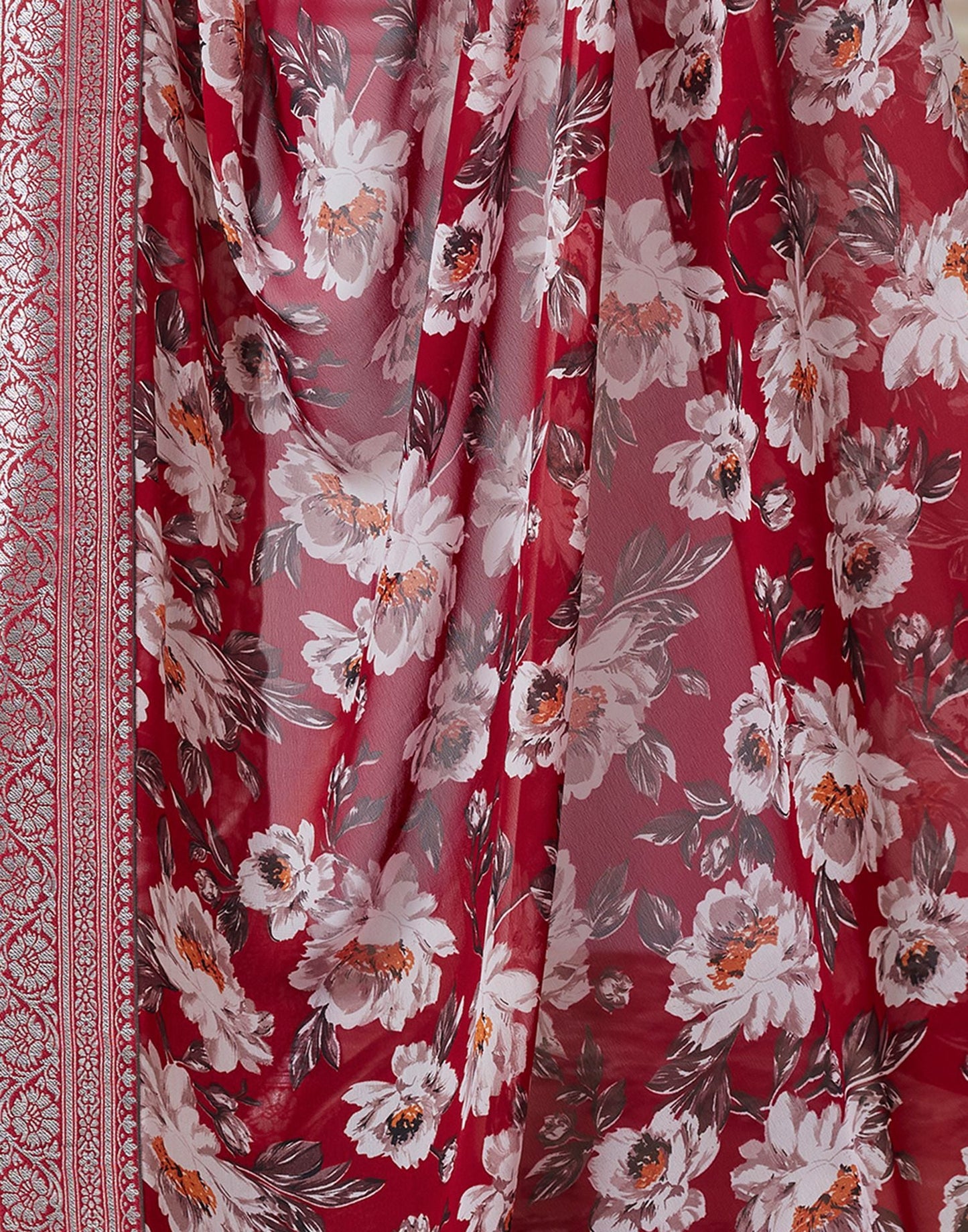 Red Printed Georgette Saree