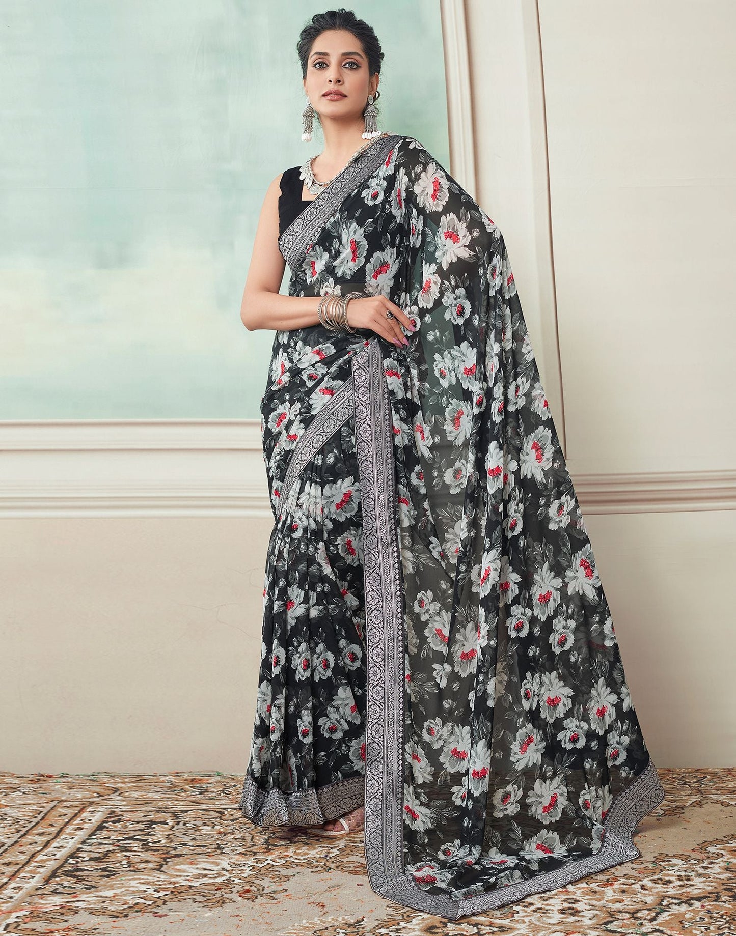 Black Printed Georgette Saree