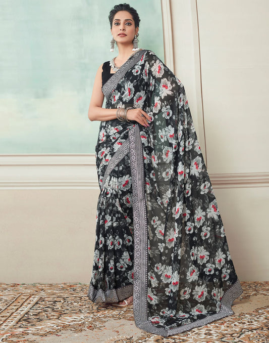 Black Printed Georgette Saree