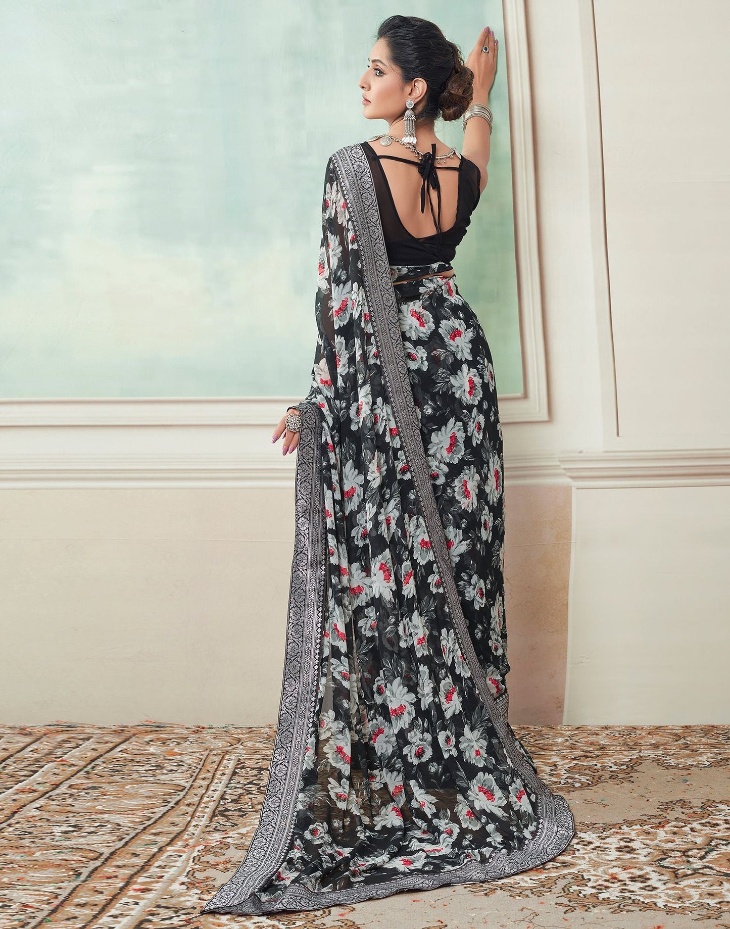 Black Printed Georgette Saree