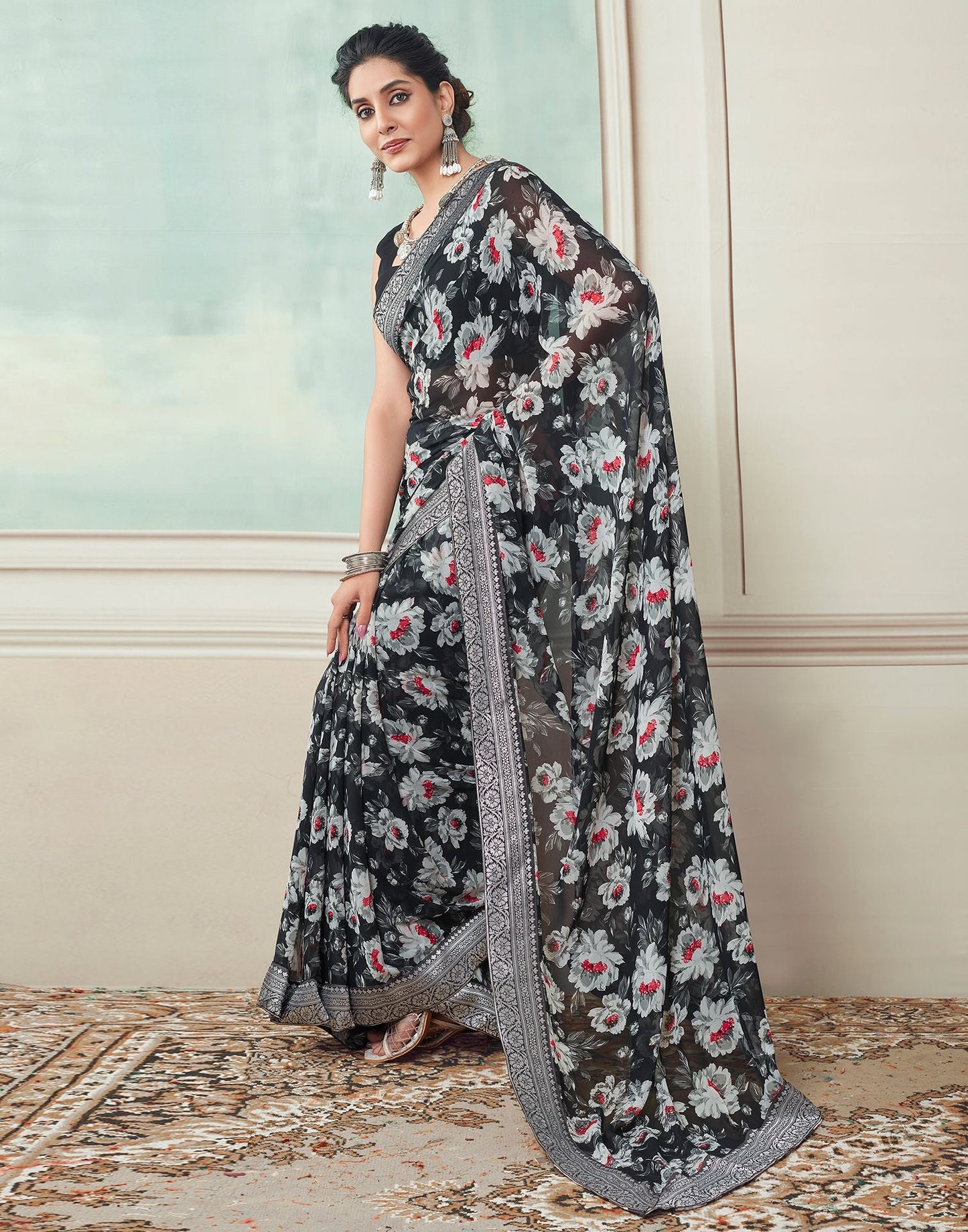 Black Printed Georgette Saree