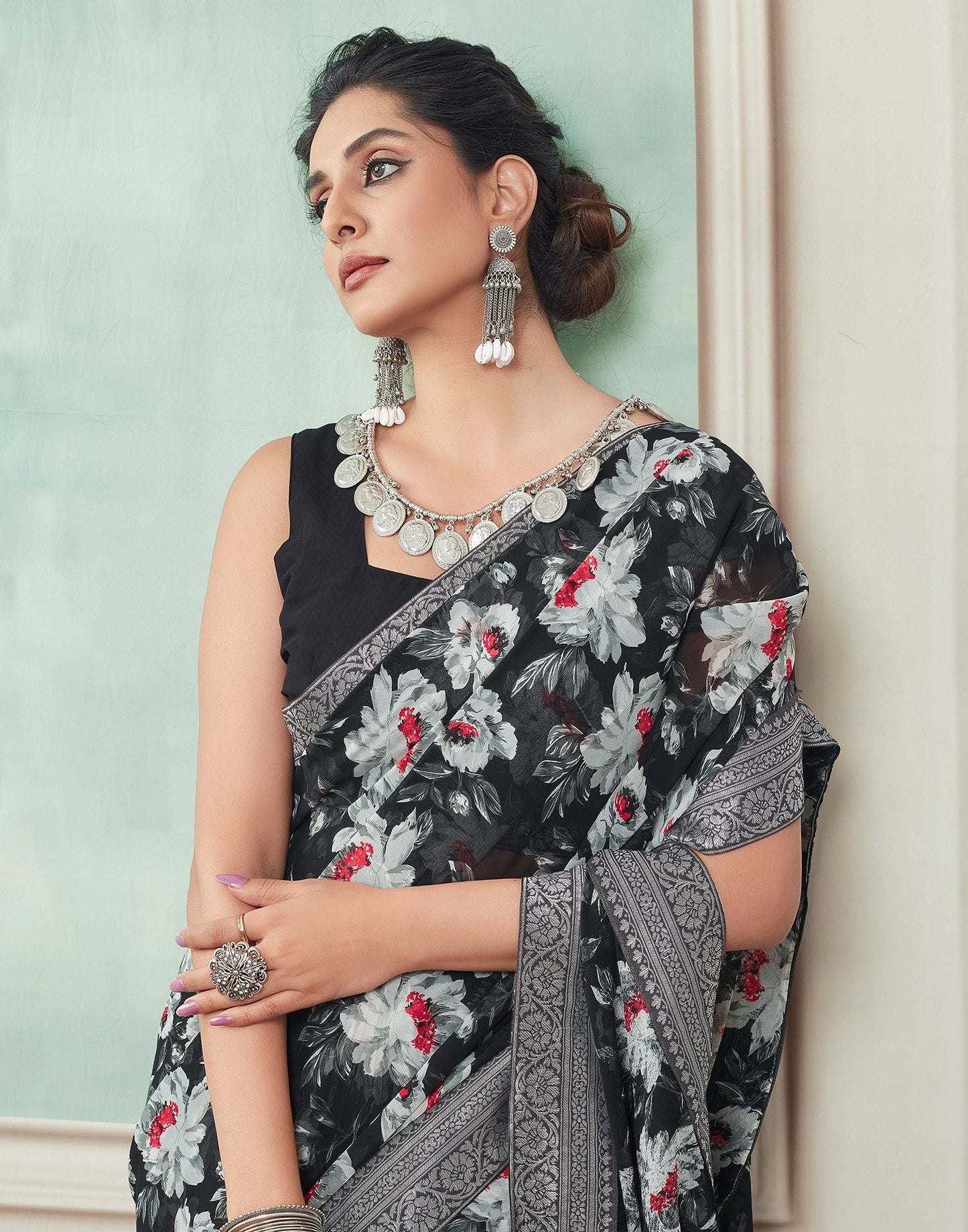 Black Printed Georgette Saree