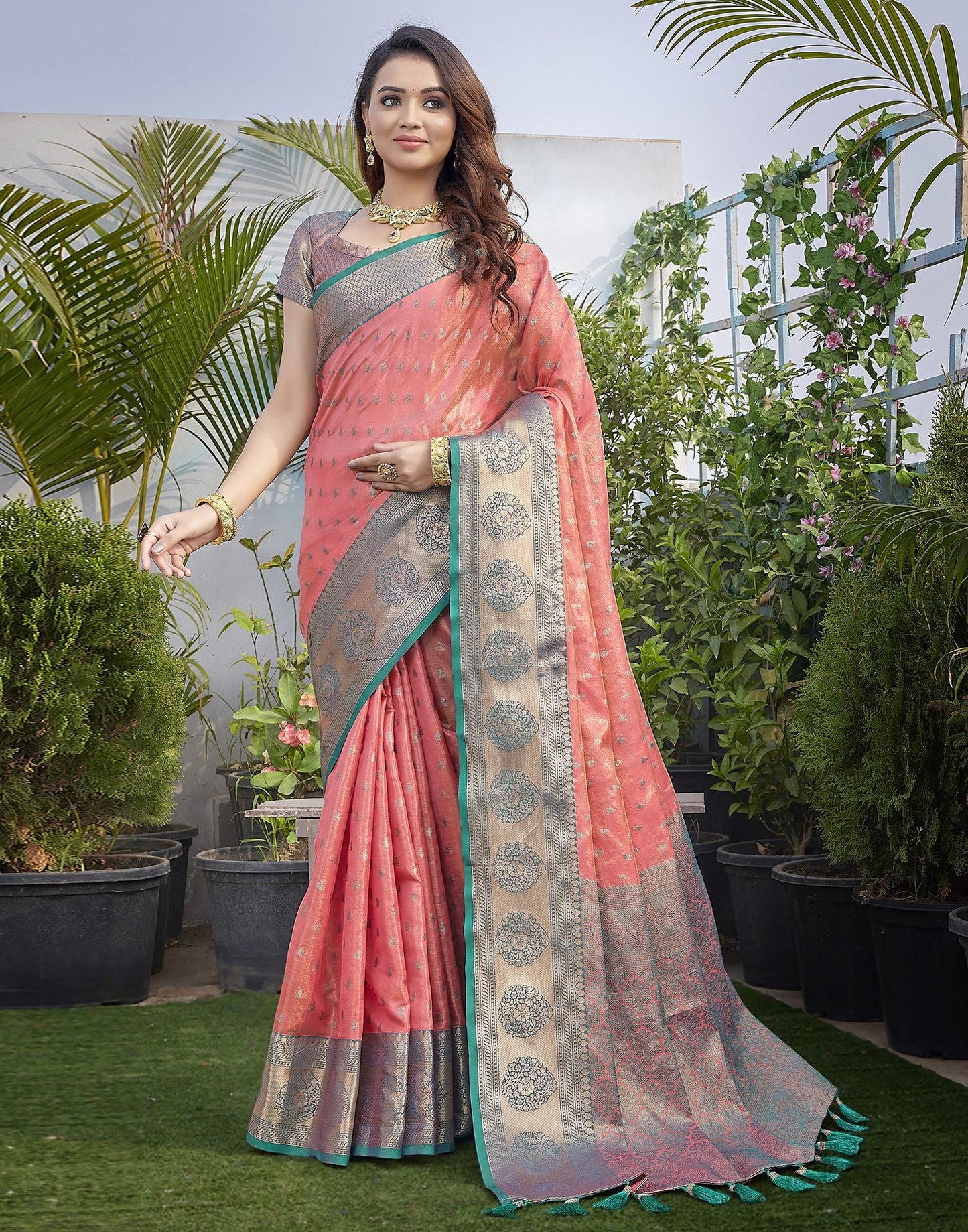 Teal Blue Jacquard Organza Saree