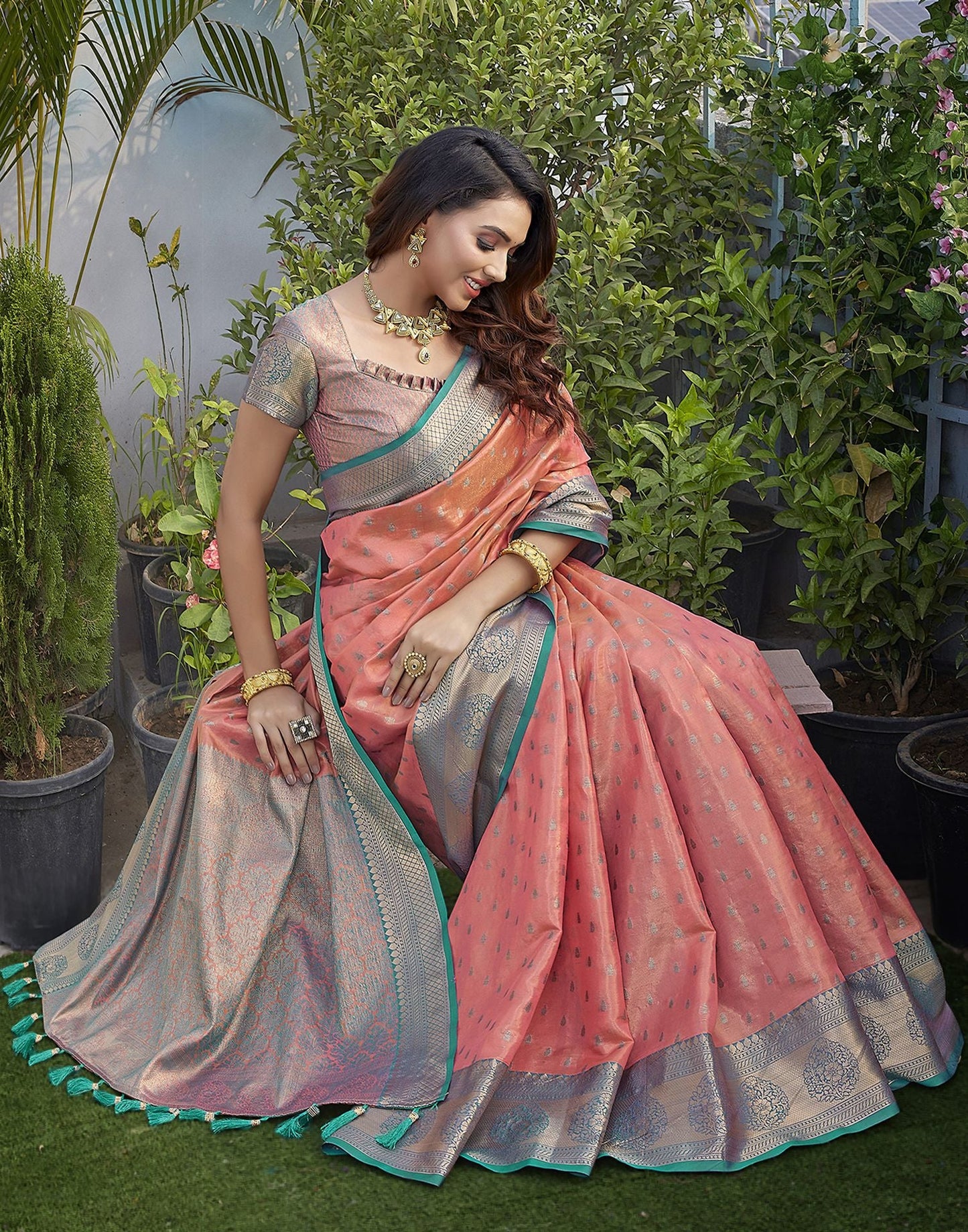Teal Blue Jacquard Organza Saree