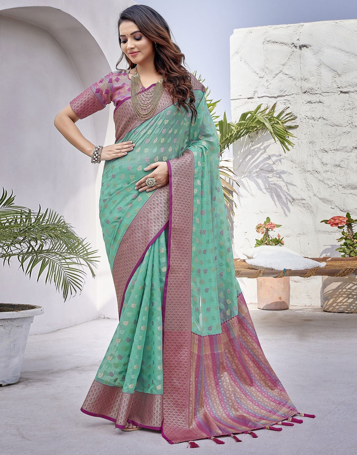 Turquoise  Jacquard Organza Saree