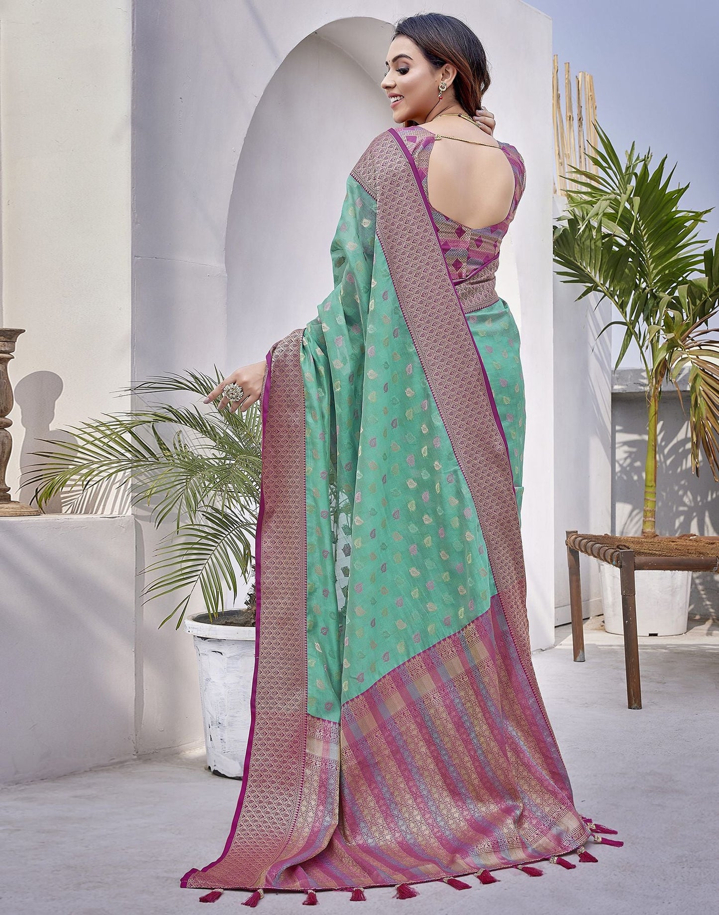 Turquoise  Jacquard Organza Saree