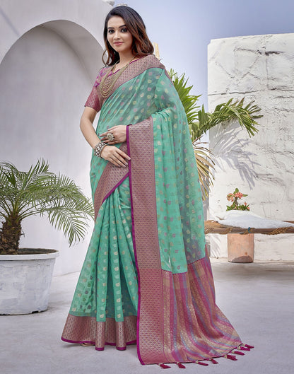 Turquoise  Jacquard Organza Saree