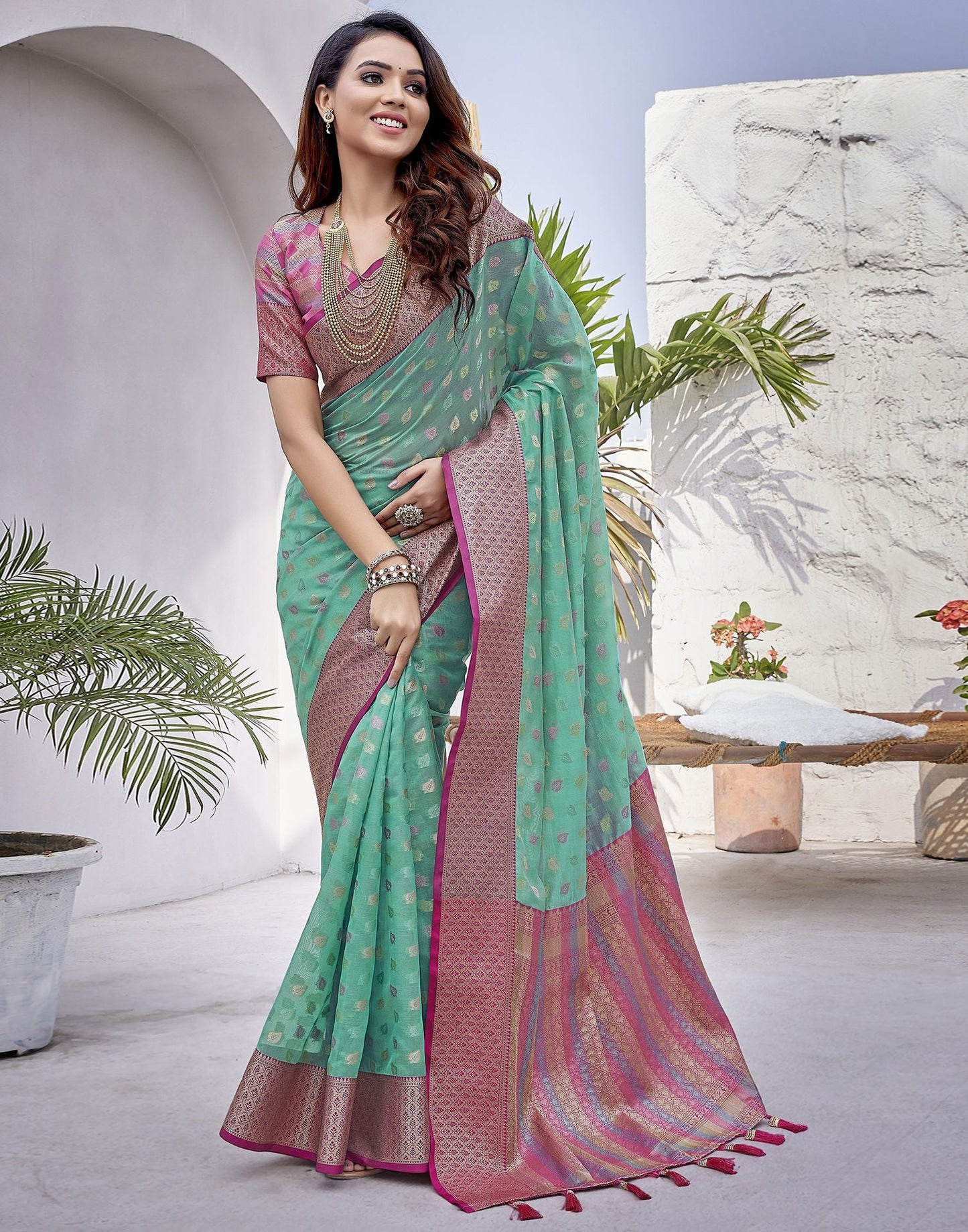 Turquoise  Jacquard Organza Saree