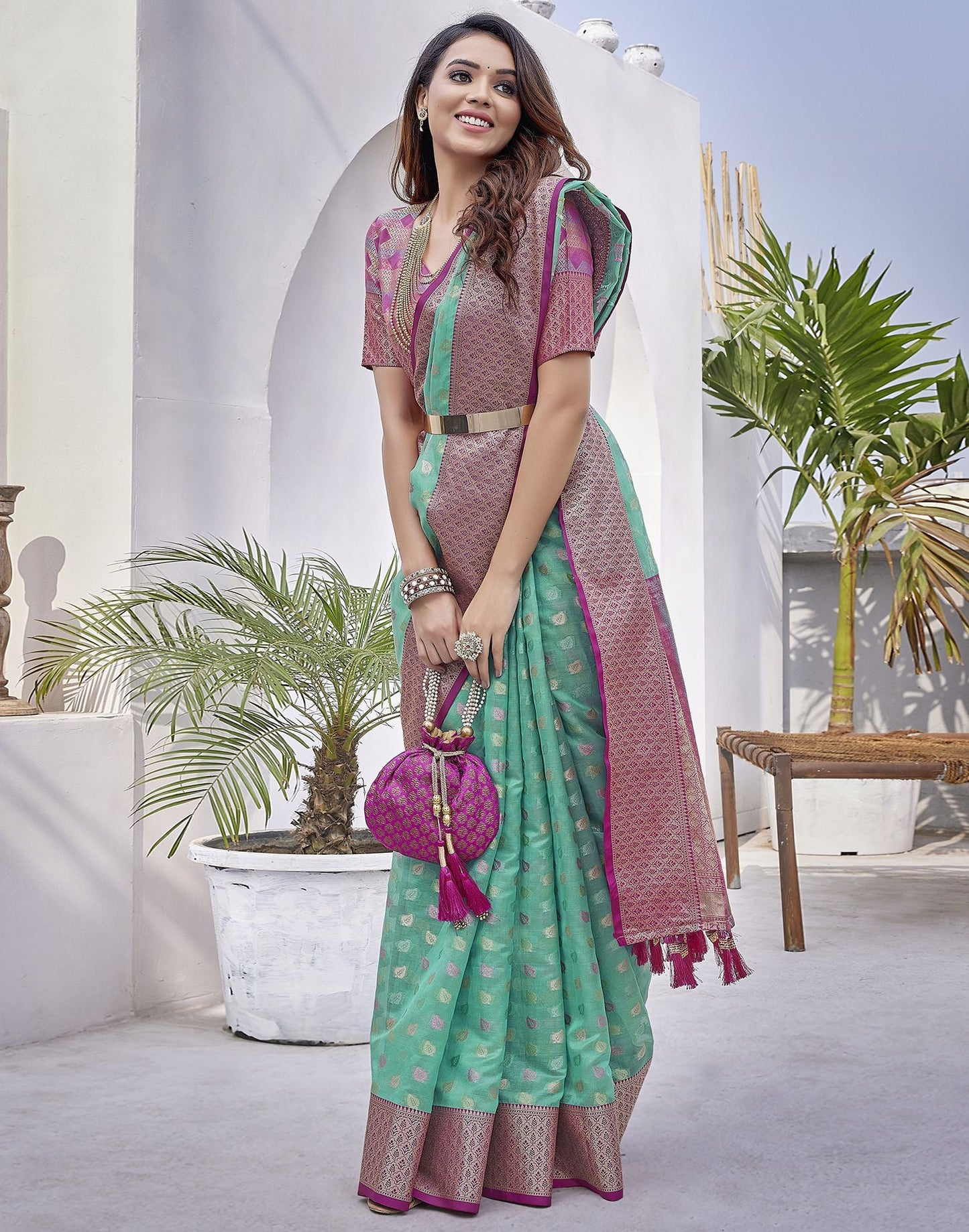 Turquoise  Jacquard Organza Saree