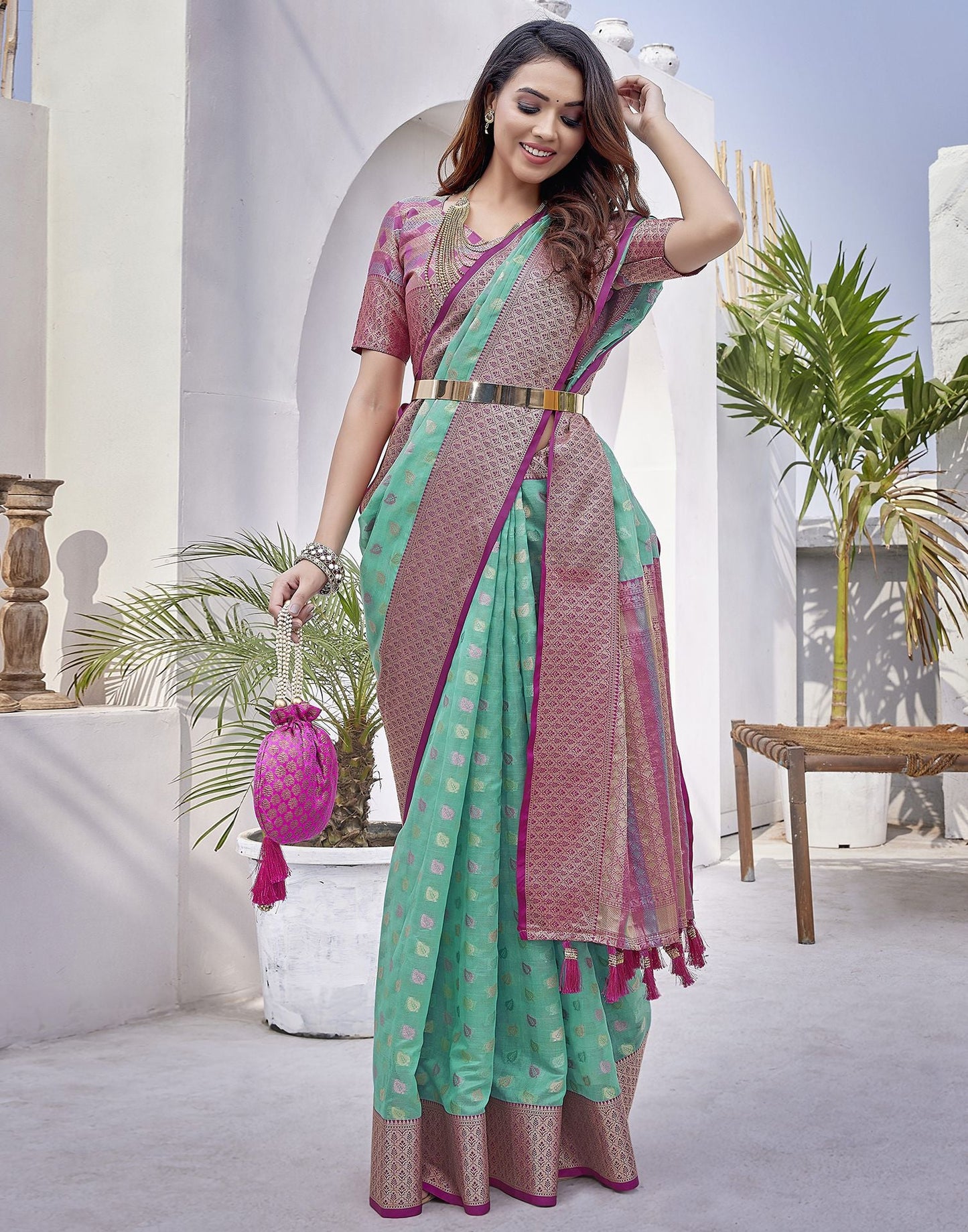 Turquoise  Jacquard Organza Saree