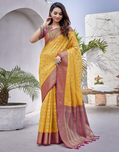 Yellow & Pink Jacquard Organza Saree