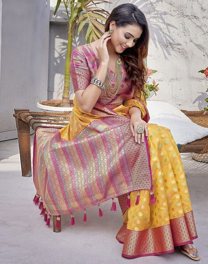 Yellow & Pink Jacquard Organza Saree