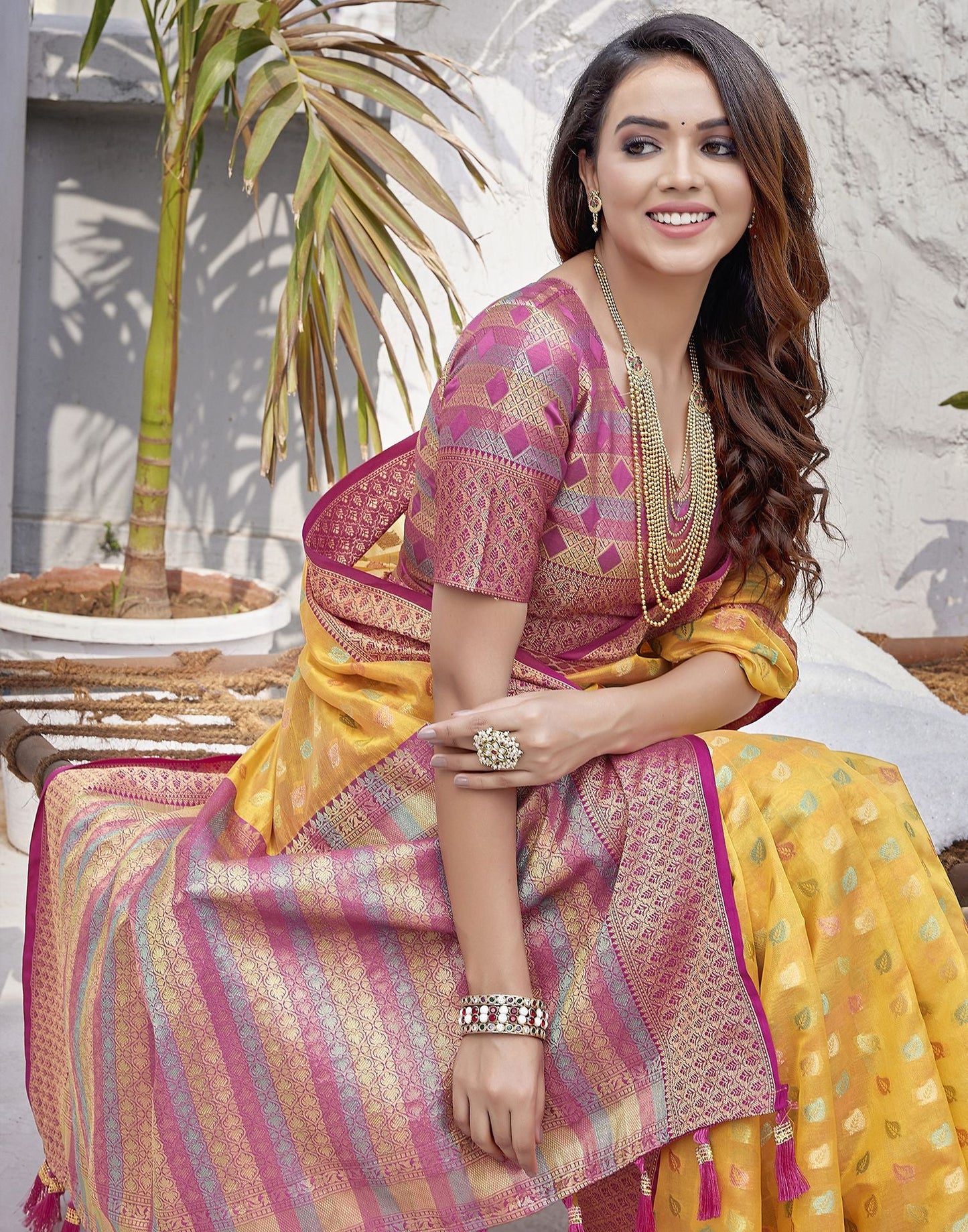 Yellow & Pink Jacquard Organza Saree