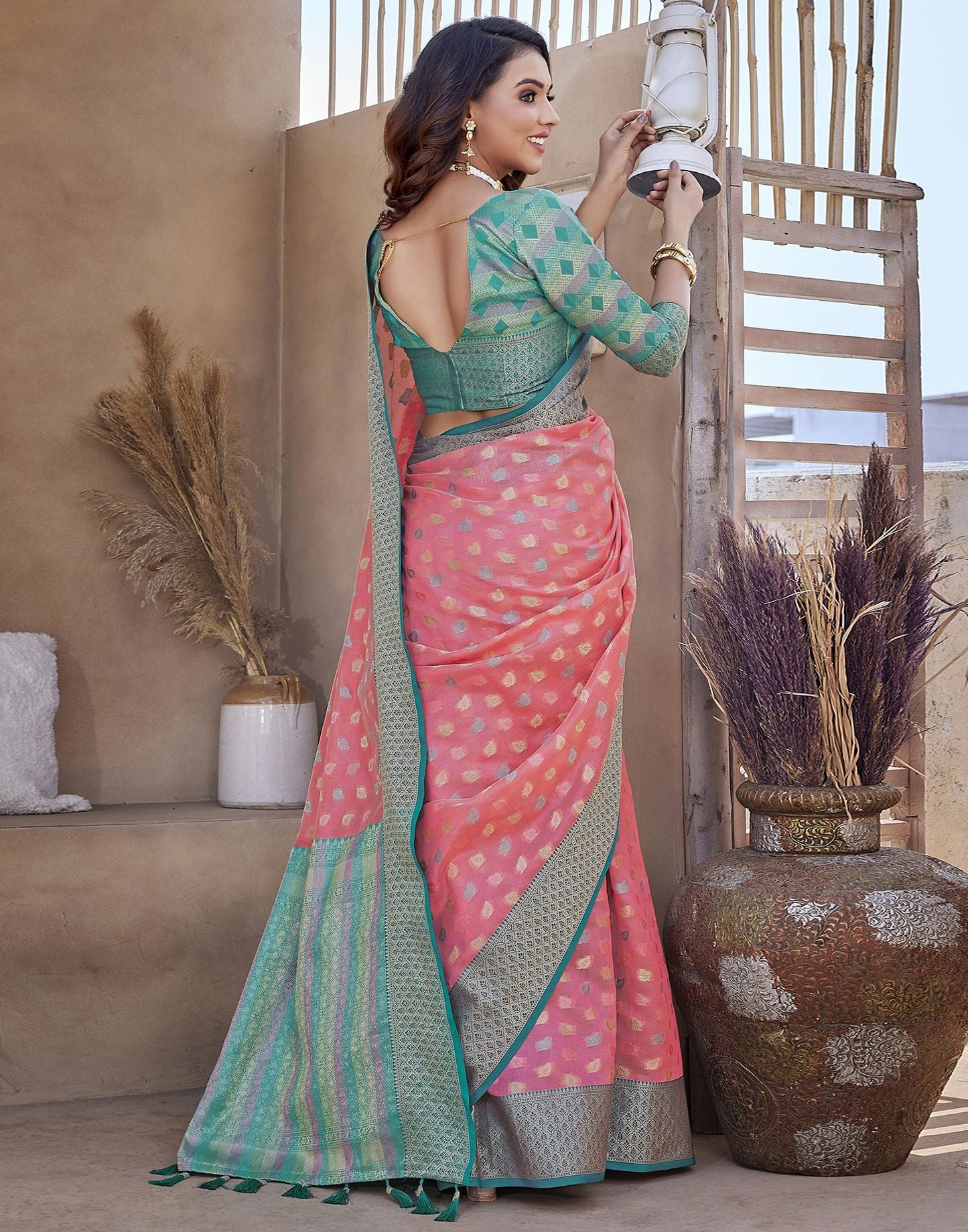 Pink Jacquard Organza Saree