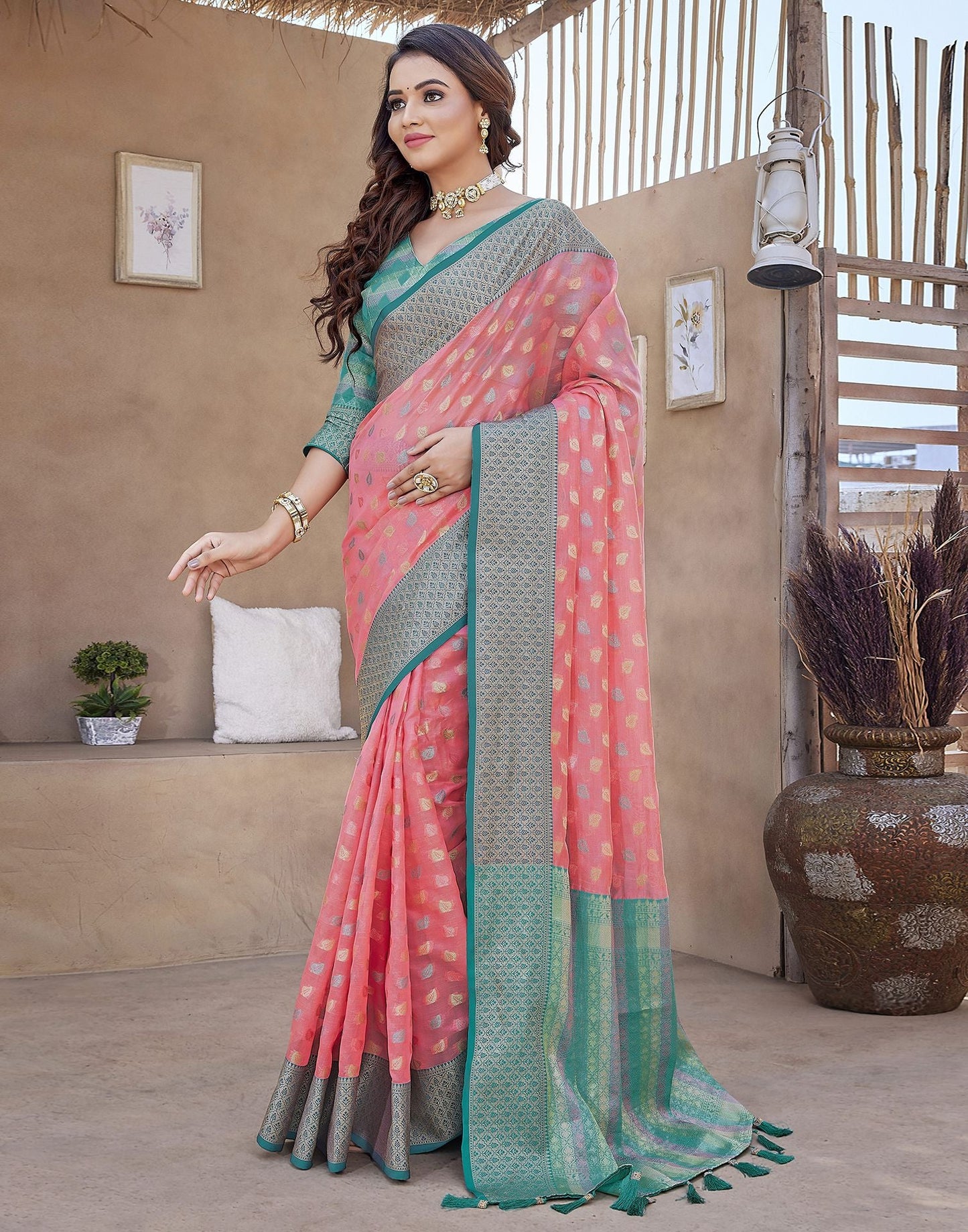 Pink Jacquard Organza Saree