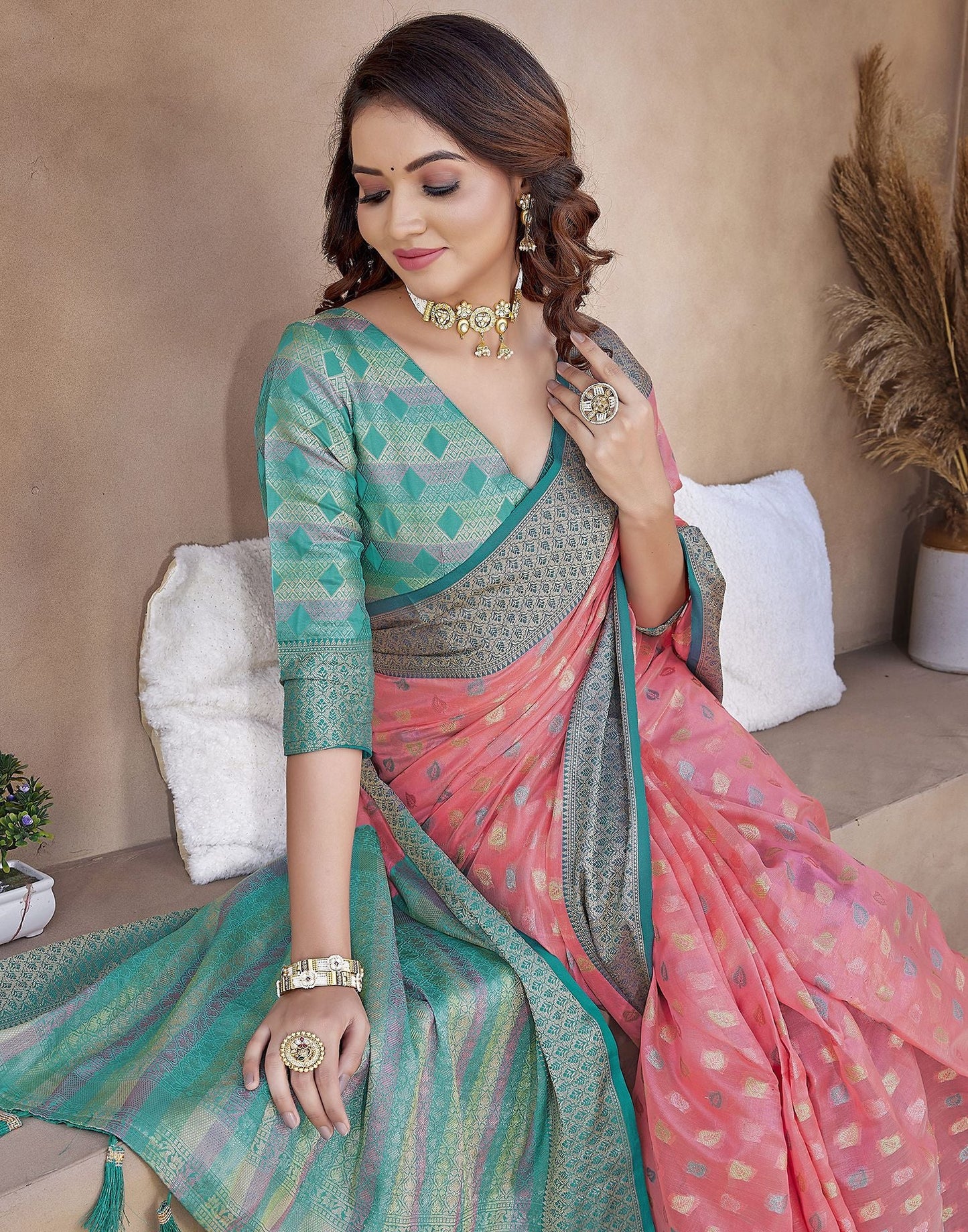 Pink Jacquard Organza Saree