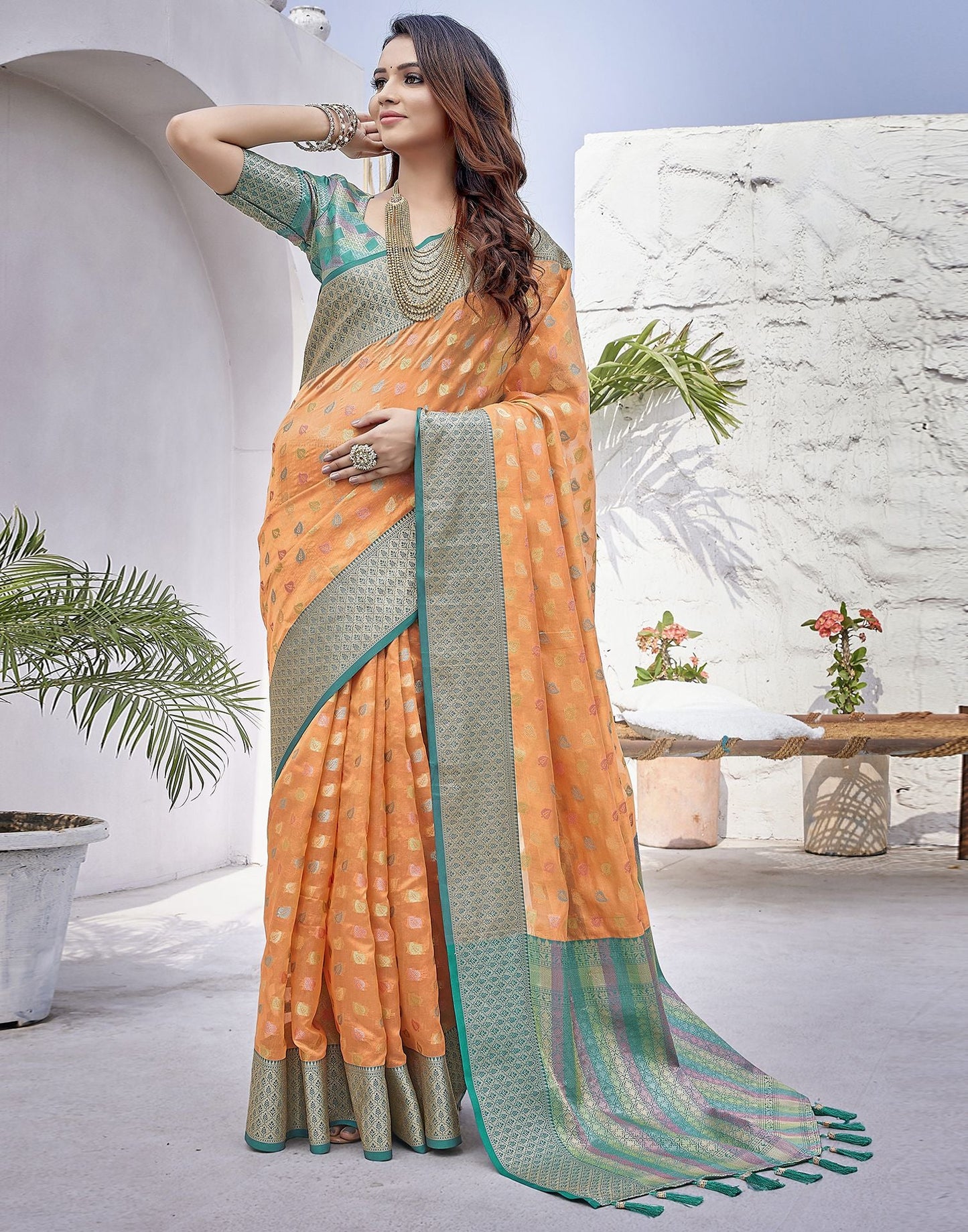 Orange Jacquard Organza Saree