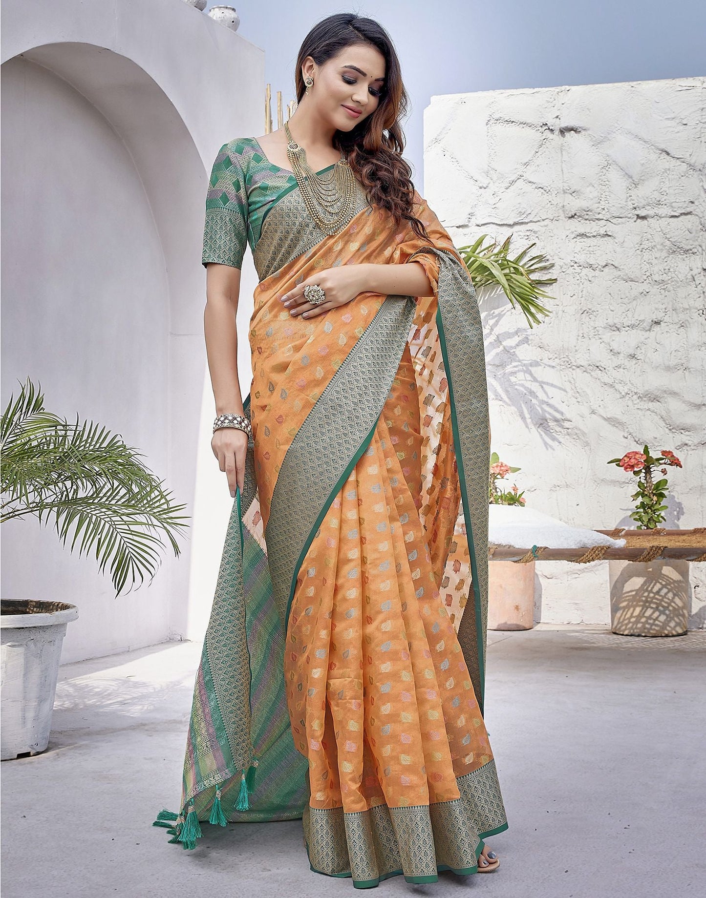 Orange Jacquard Organza Saree