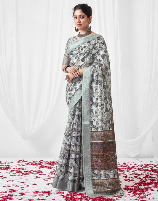 White Printed Linen Saree