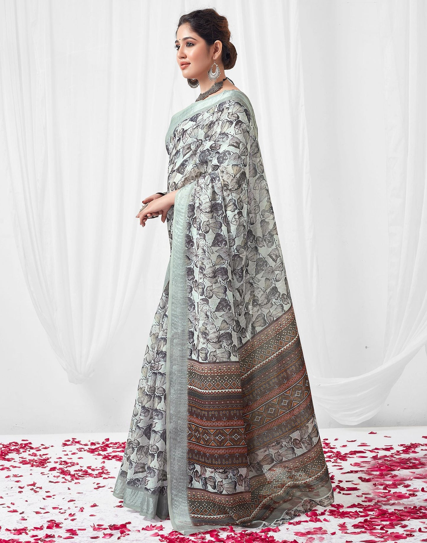 White Printed Linen Saree