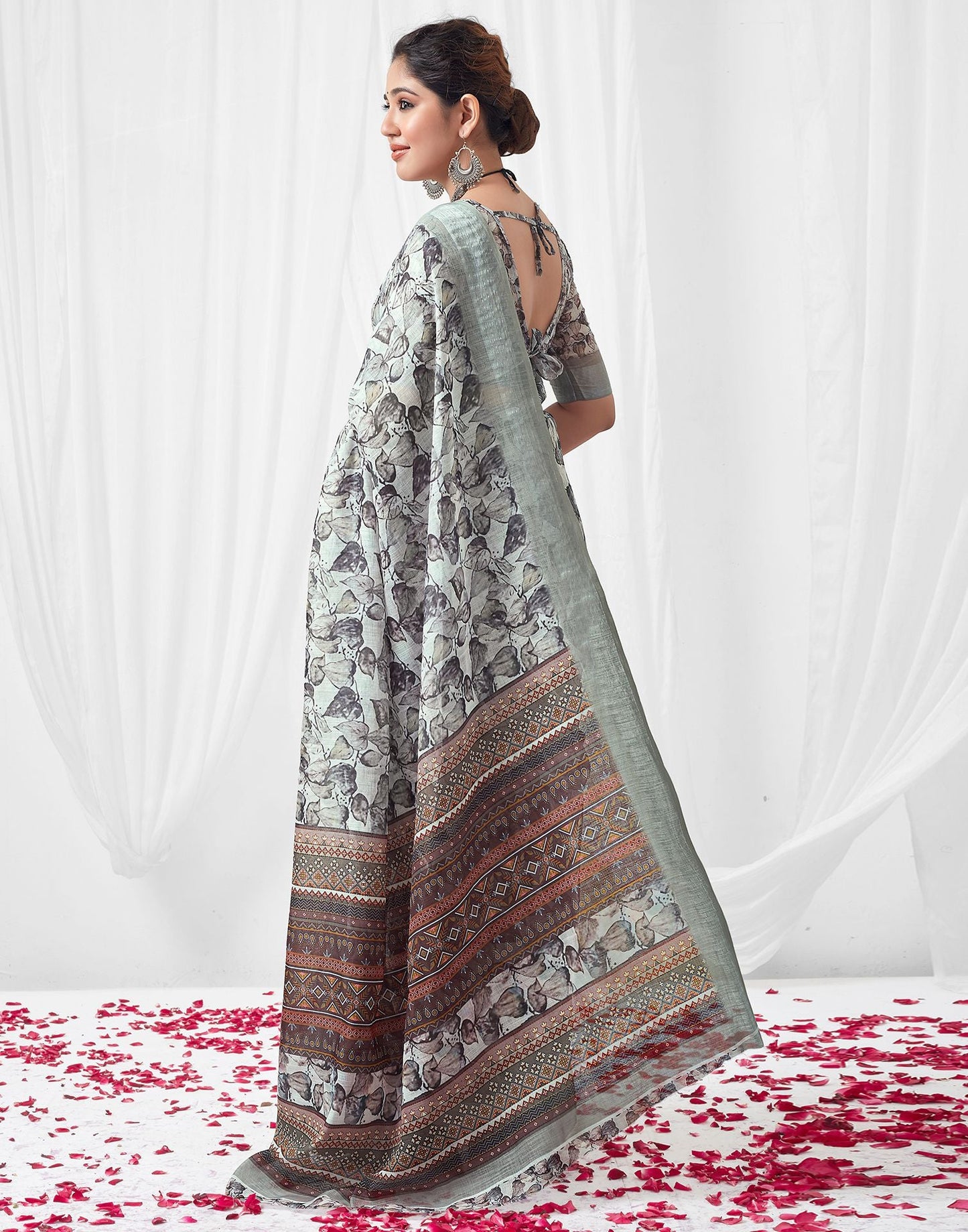 White Printed Linen Saree