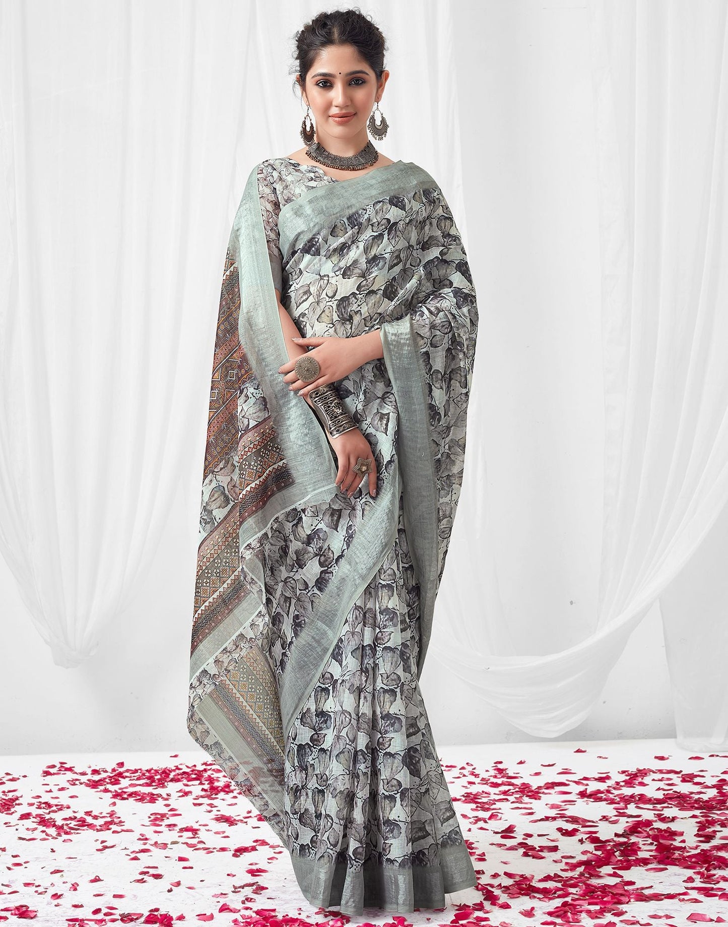 White Printed Linen Saree