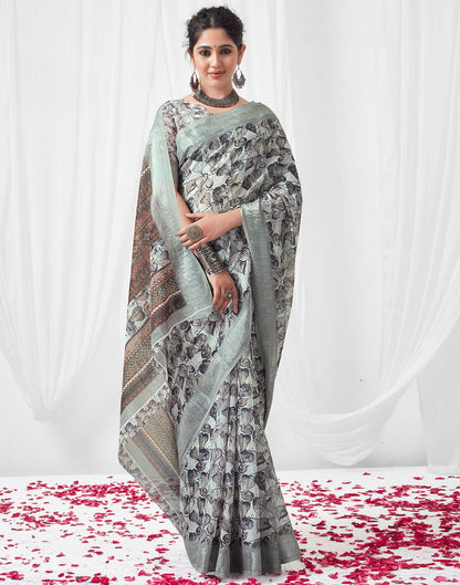 White Printed Linen Saree