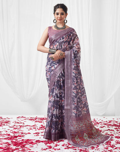 Lavender Purple Printed Linen Saree
